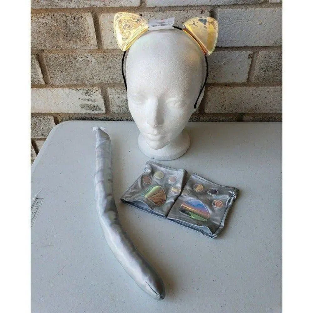 Costume Cat Ears, Tail, Arm Warmers Kit Silver Translucent 3 piece set NWT